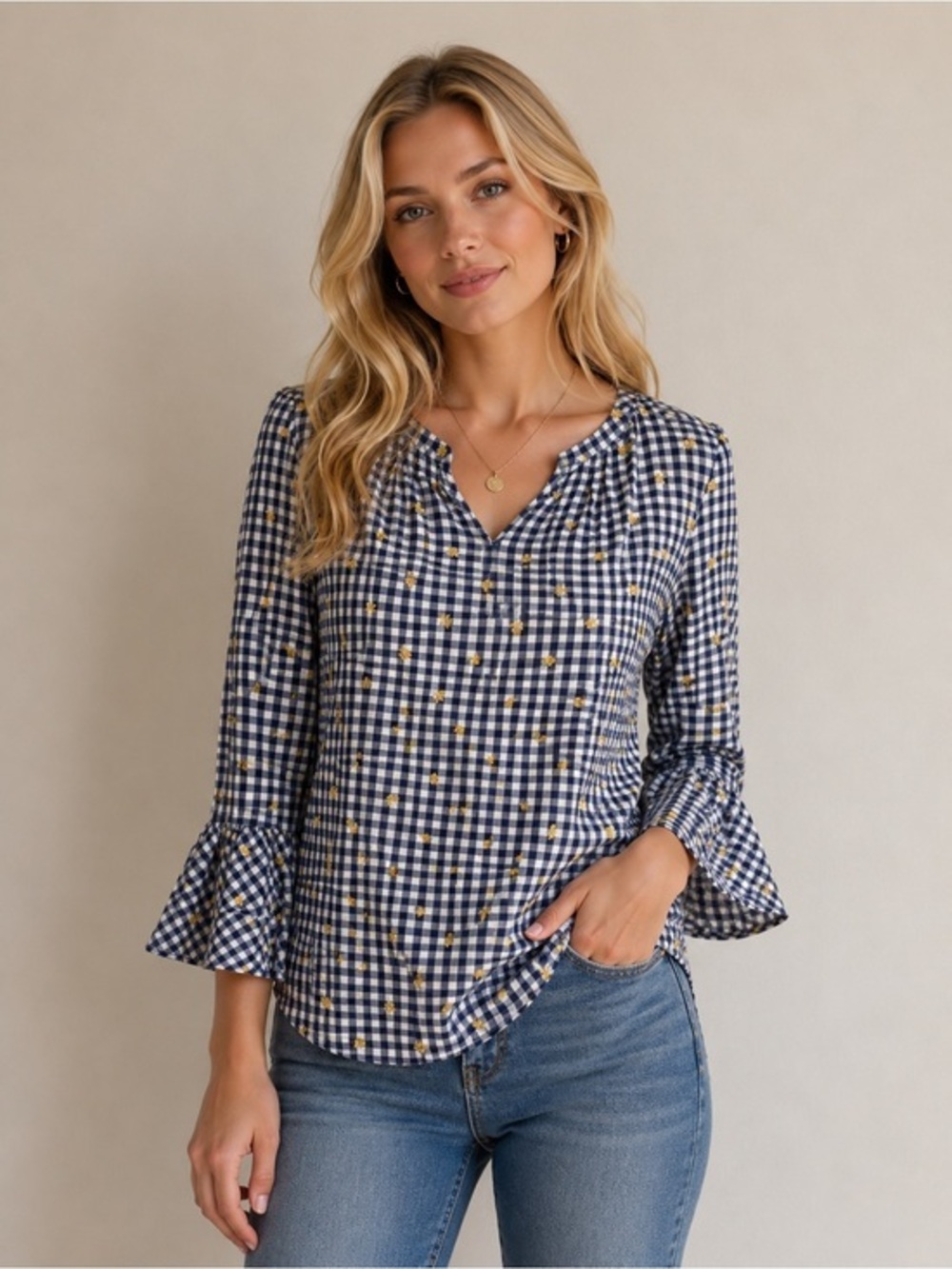 Talbots Gingham Floral Embroidered Bell Sleeve Top